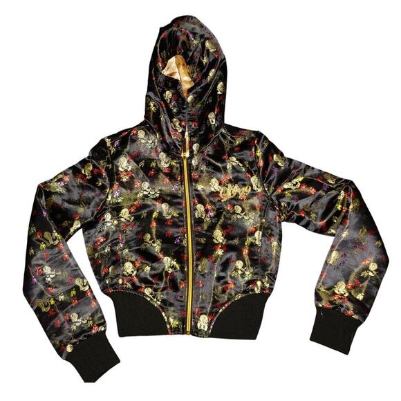 Lot29 Y2K Black Satin Skull Print Cropped Zip Hoodie Jacket Gold Logo Women’s M - Picture 7 of 13